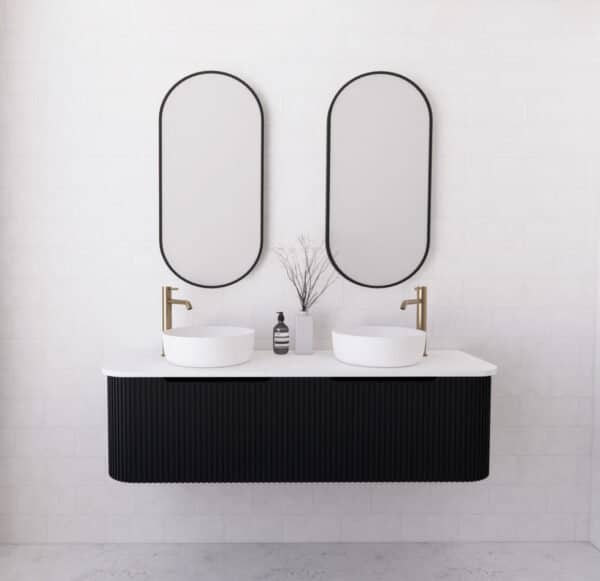 ABS RIVA WH1500D-MB BERGEN CURVE FLUTED WALL HUNG VANITY 1500MM DOUBLE BOWL MATTE BLACK