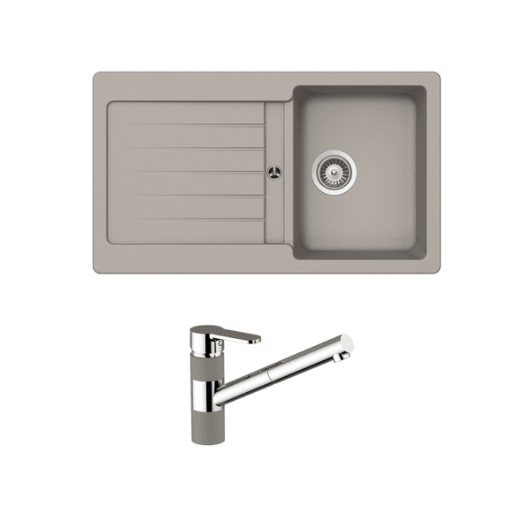 ABEY TD100T2C TYPOS SINGLE BOWL SINK WITH DRAINER & 400710C PULL OUT KITCHEN MIXER SCHOCK CONCRETE