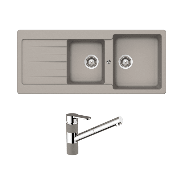 ABEY TD200T2C TYPOS ONE AND THREE QUARTER BOWL SINK WITH DRAINER & 400710C PULL OUT KITCHEN MIXER SCHOCK CONCRETE