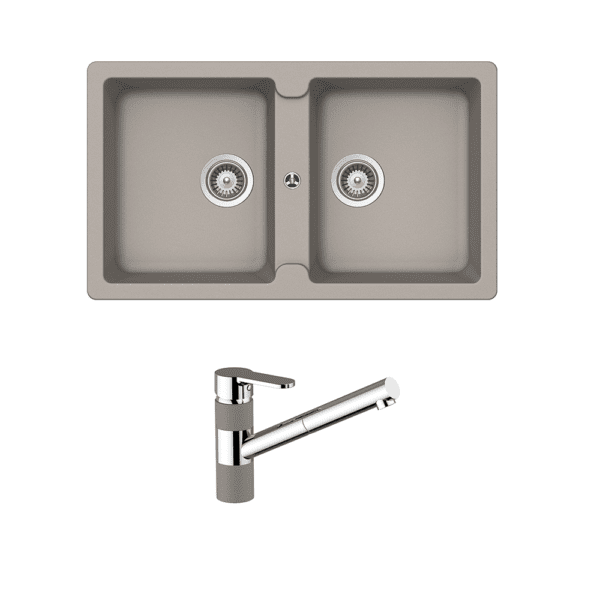 ABEY TN200T2C TYPOS DOUBLE BOWL GRANITE SINK & 400710C PULL OUT KITCHEN MIXER SCHOCK CONCRETE