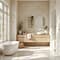 Bright and airy safe and peaceful bathroom with natural wood vanity, freestanding tub, and indoor plants.